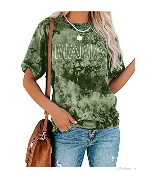 Mama Shirts for Women Tie-Dye Graphic Mama T-Shirt Mother's Day Shirt Letter Printed Short Sleeve Casual Tops
