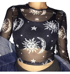 MIZOK Women's Long Sleeve See Through Shirts Angel Print Sexy Sheer Mesh Crop Tops