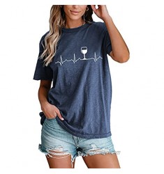 MYHALF Wine Heartbeat T-Shirt Women Alcohol Drinking T Shirt Funny Letter Print Short Sleeve Tee Tops