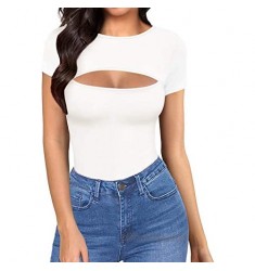 "N/A" Women's Cutout Tops Basic Long Sleeve/Short Sleeve Round Neck Slim Fit T-Shirts