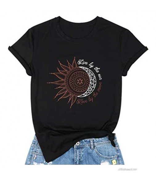 TAOHONG Live by The Sun Love by The Moon Shirt Womens Cute Sun Moon Print Graphic T-Shirts Casual Short Sleeve Tee Tops