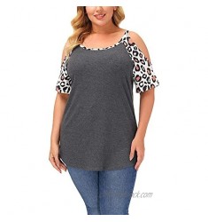 Uoohal Plus Size Tops for Women Leopard Print Top Cold Shoulder Short Sleeve T Shirts