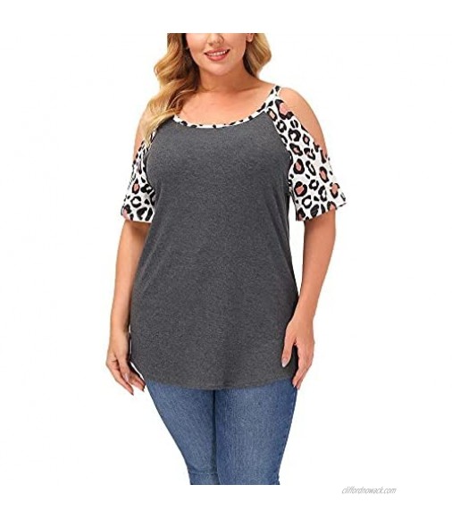 Uoohal Plus Size Tops for Women Leopard Print Top Cold Shoulder Short Sleeve T Shirts