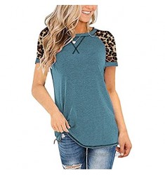 voglily Women's Leopard Stitched Crew Neck Short Sleeve T-Shirt Rolled Sleeve Tunic Tops