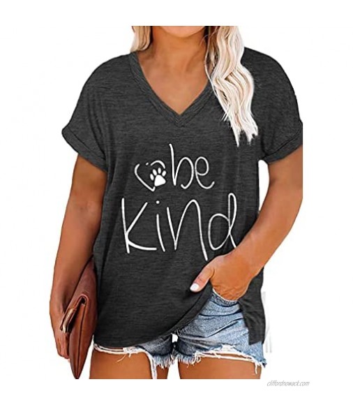 Women Plus Size Be Kind T Shirt Summer V Neck Cute Graphic Tees Funny Inspirational Teacher Tops