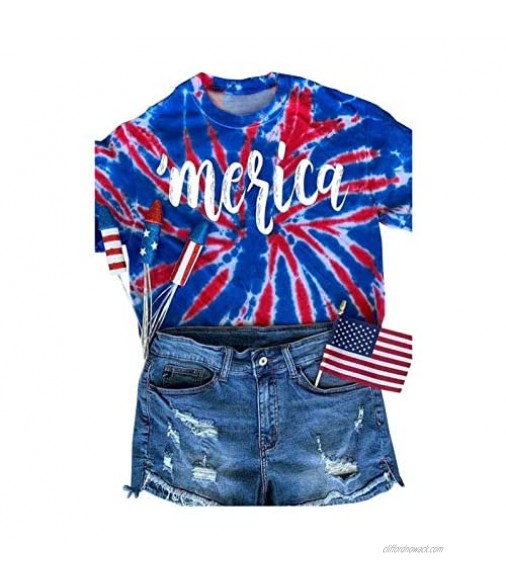 Women USA American Flag Tie Dye T-Shirt Short Sleeve Merica Letters Graphic Print Crop Top Casual Tie-Dye 4th of July Shirt