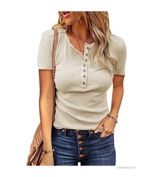 BLENCOT Womens Casual Long Sleeve V Neck Button Tunic Tops Slim Knitted Waffle Work Basic T-Shirts