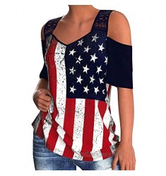 Faith American Flag Strappy Cold Shoulder Summer Tops Long Sleeve Patriotic Tunic Tops for Independence Day