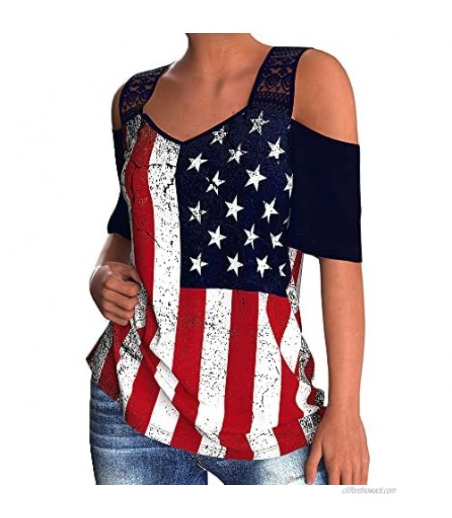 Faith American Flag Strappy Cold Shoulder Summer Tops Long Sleeve Patriotic Tunic Tops for Independence Day