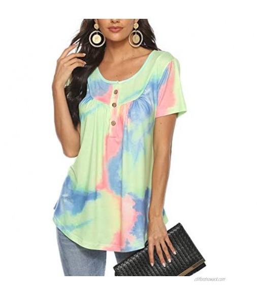 Famulily Paisley Printed Button Up Top Short Sleeve V Neck Pleated Casual Loose Flare Tunic Blouse Henley Shirt