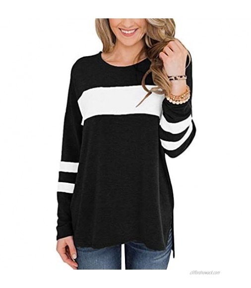 Hilltichu Womens Color Block Long Sleeve Shirt Pullover Round Neck Side Split High Low Tunic Tops