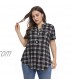 MONNURO Womens Plaid Shirts Henley V Neck Casual Loose Short Sleeve Tunic Tops T-Shirt Blouses
