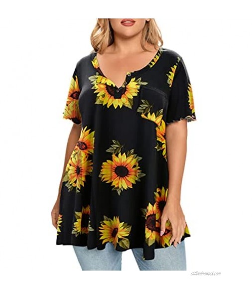MONNURO Womens Plus Size Short Sleeve Henley Shirts Casual Loose Tunic Top With Pockets