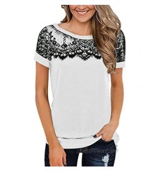 SHIBEVER Women Lace Tops Blouses Short Sleeve Tunic Shirts Casual Floral Lace Tee Shirt
