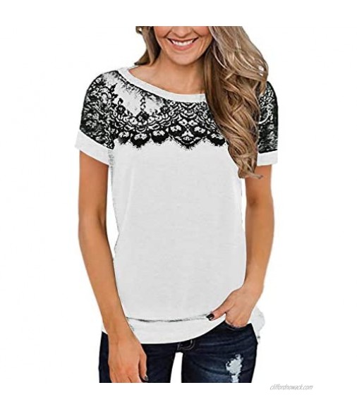 SHIBEVER Women Lace Tops Blouses Short Sleeve Tunic Shirts Casual Floral Lace Tee Shirt