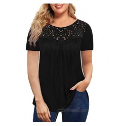 TACT BESU Women's Plus Size Summer Tops Lace Short Sleeve Shirts Tunic Tops Pleated Blouses L-4XL