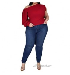 Women Plus Size Puff Sleeve Slant Shoulder High Low Asymmetrical Bodycon Bodice Blouse Shirt Tops