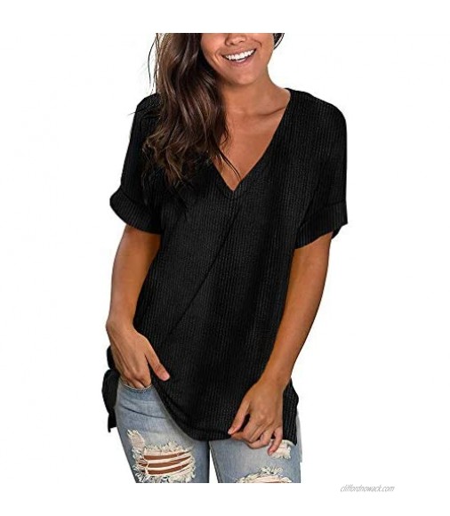 Womens Casual V Neck Waffle Knit Shirts Short Sleeve Plain Loose Fit Tunic Tops