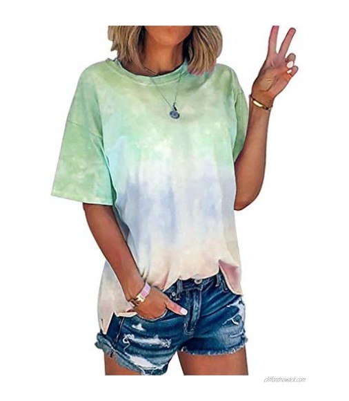 Womens Tie Dye Shirts Gradient Rainbow Top Summer Casual Loose Fit Short Sleeves Tee Tops