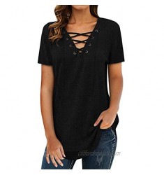 Womens V Neck T Shirts Lace Up Criss Cross Short Sleeve Solid Color Tunic Tops Loose Fit Basic Tees Blouses