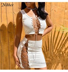 All-Match Nightclub Outfit Hollow Women's Suit Fashion Necklace Decorated Sleeveless Top and Mini Skirt 2-Piece Pure Knitted Streetwear
