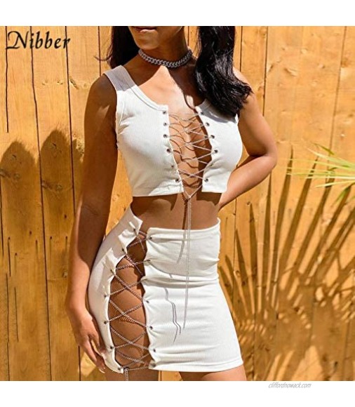 All-Match Nightclub Outfit Hollow Women's Suit Fashion Necklace Decorated Sleeveless Top and Mini Skirt 2-Piece Pure Knitted Streetwear
