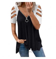 DESKABLY Women Casual Splicing Short SleevesＶ-Neck Zipper Hollow Out T-Shirt Flowy Tunic Work Office Blouse Tops