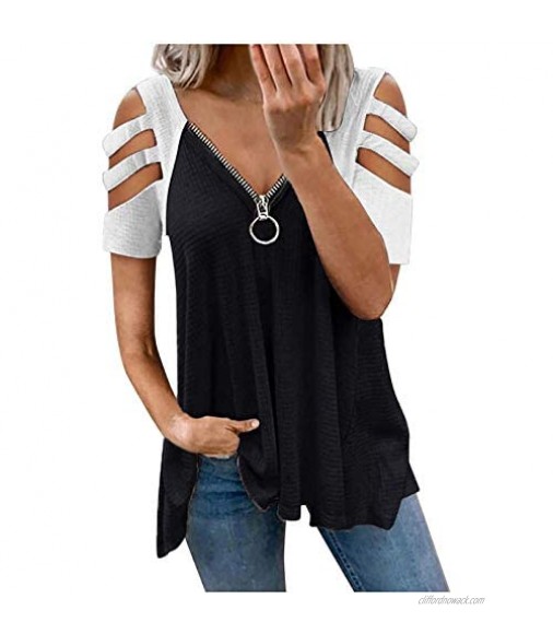 DESKABLY Women Casual Splicing Short SleevesＶ-Neck Zipper Hollow Out T-Shirt Flowy Tunic Work Office Blouse Tops