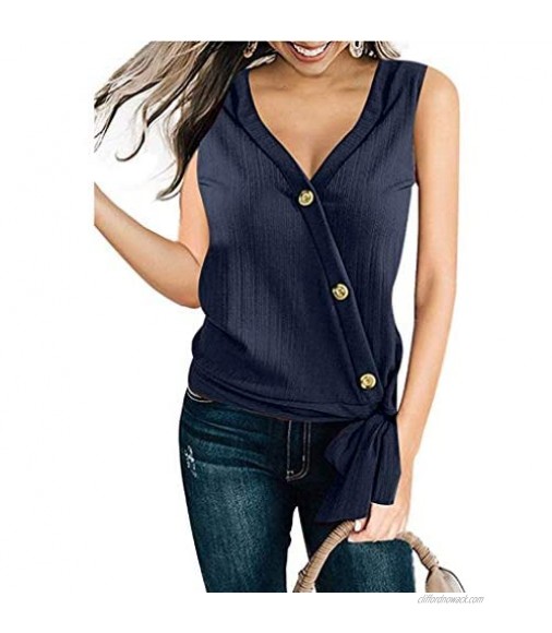 iYYVV Womens Short Sleeve V Neck Tie Knot Front Button Chiffon Vest Tank Tops Blouse