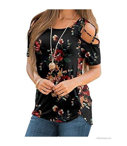 NYFF Women Summer Shoulder Floral T-Shirt Strappy Cold Shoulder T-Shirt Tops Blouses