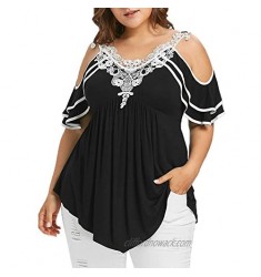 QIQIU Plus Size Womens Lace Tiered Appliques V-Neck Cold Shoulder Casual Solid Fashion T-Shirt Tops Blouses