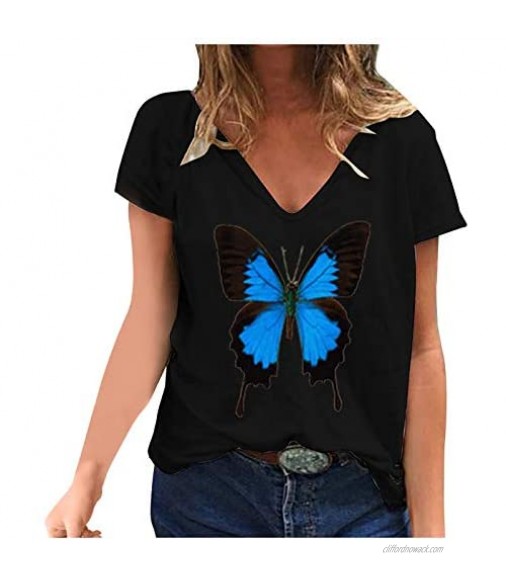 Tops for Teens Fashion Casual V-Neck Butterfly Print Short-Sleeved T-Shirt Top