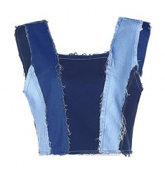 Women Patchwork Vest Color Block Denim Strap Crop Top Vintage Fashion Streetwear