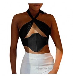 Women Summer Fashion Cross Halter Strap Vest Solid Color Halter Hollow Top
