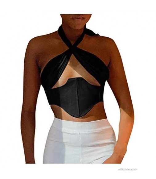 Women Summer Fashion Cross Halter Strap Vest Solid Color Halter Hollow Top