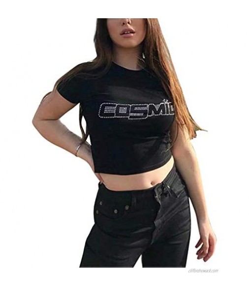 Women Summer Y2K Short Sleeve Crop Top Shiny Hot Drill Rhinestone Cosmic Letter T-Shirt Navel Slim Vest