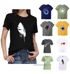Womens Summer T Shirts Short Sleeve Leaves Print Blouse Casual O-Neck Tee Top Tunic for Women