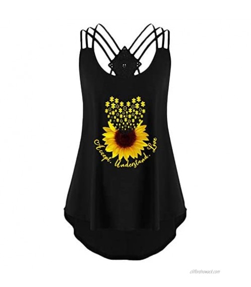 Womens Summer Tank Tops Sunflower Sleeveless Tee Shirts Cross Strappy Backless Casual Workout Tanks Tunic Tops Blouses-Leirke