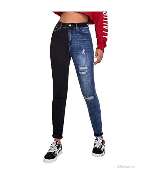 DIDK Women's High Waist Colorblock Zipper Fly Pants Button Skinny Denim Jeans