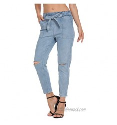 Kegiani Capris Pants Jeans for Women Casual High Waist Bow Tie Front Slim Fit Paper Bag Denim Pants