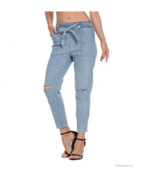 Kegiani Capris Pants Jeans for Women Casual High Waist Bow Tie Front Slim Fit Paper Bag Denim Pants