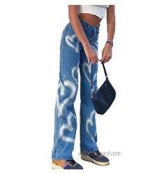 Women Fashion Butterfly Wide Leg High Waist Denim Pants Stretchy Baggy Loose Streetwear Jeans