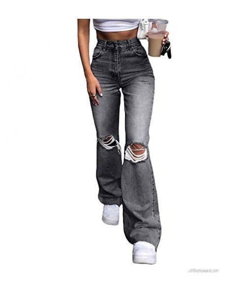 Women High Waisted Straight Jeans Ripped Baggy Trousers Y2K Denim Pants Distressed Wide Leg E-Girl Streetwear