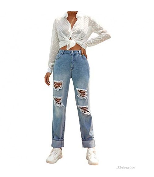 Women's Loose-Fit High Rise Ripped Jeans Casual Distressed Boyfriend Denim Jean Classic Straight-Leg Rolled Bootcut Pants